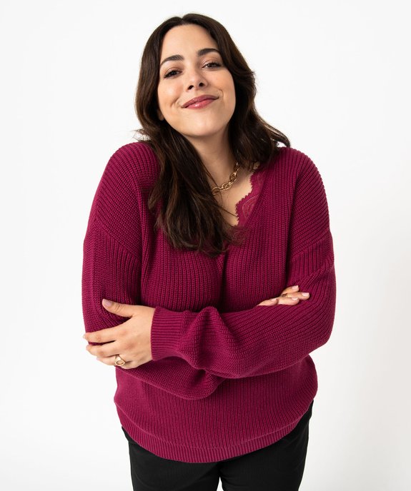 Pull grosse maille avec décolleté V en dentelle femme grande taille vue5 - GEMO (G TAILLE) - GEMO