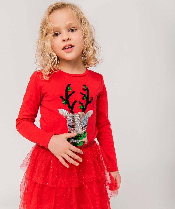 Tee-shirt de Noël fille à manches longues et sequins réversibles vue1 - GEMO (ENFANT) - GEMO