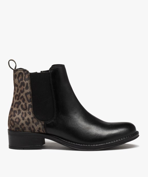 Bottines femme à talon dessus en cuir bicolore imprimé léopard  vue1 - GEMO (CASUAL) - GEMO