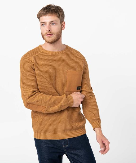 Pull homme uni en grosse maille avec empiècements vue1 - GEMO (HOMME) - GEMO