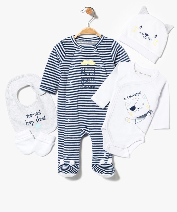 Ensemble 5 pièces : pyjama + body + bonnet + moufles + bavoir motif chat vue1 - GEMO(BB COUCHE) - GEMO