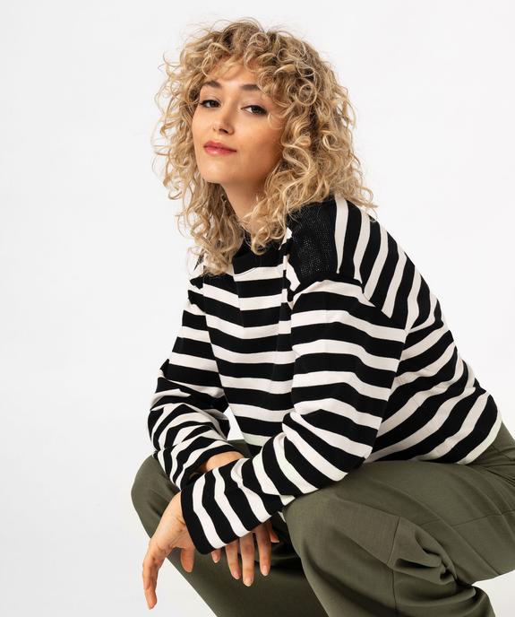 Sweat rayé ample et court avec strass sur les épaules femme vue1 - GEMO(FEMME PAP) - GEMO