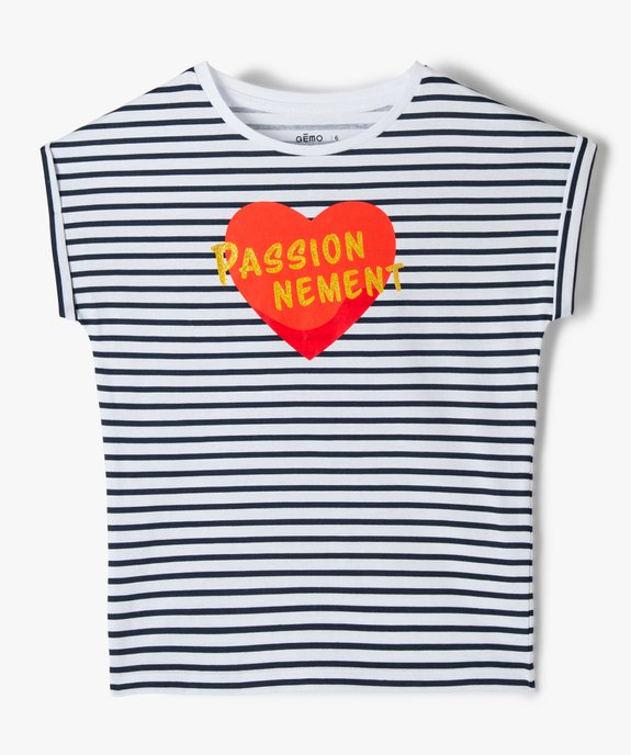 Tee-shirt fille rayé à manches courtes et motif pailleté vue1 - GEMO (ENFANT) - GEMO