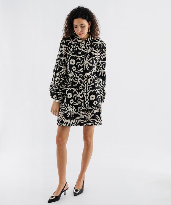Robe courte manches longues en viscose froissée imprimée femme vue1 - GEMO 4G FEMME - GEMO