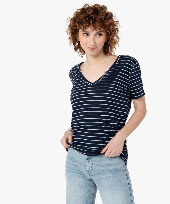 Tee-shirt femme rayé à manches courtes avec col V vue1 - GEMO(FEMME PAP) - GEMO
