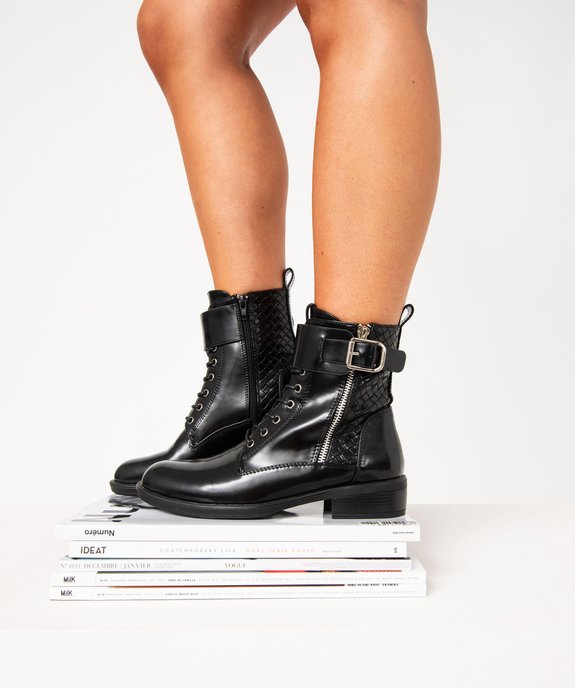 Boots femme vernies à talon plat avec zip et bride à boucle vue1 - GEMO (CASUAL) - GEMO