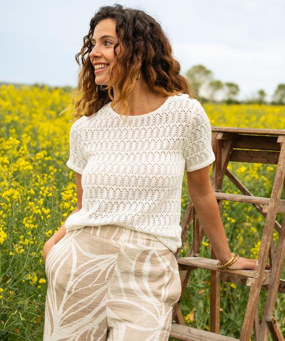 Tee-shirt manches courtes en maille de coton ajourée femme vue7 - GEMO(FEMME PAP) - GEMO