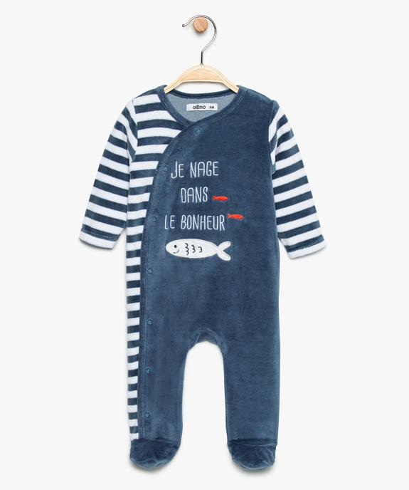 Pyjama bébé en velours avec fermeture devant rayé et motifs poissons vue1 - GEMO(BB COUCHE) - GEMO
