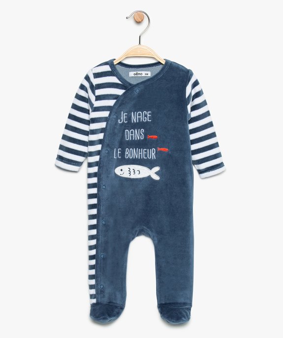 Pyjama bébé en velours avec fermeture devant rayé et motifs poissons vue1 - GEMO(BB COUCHE) - GEMO