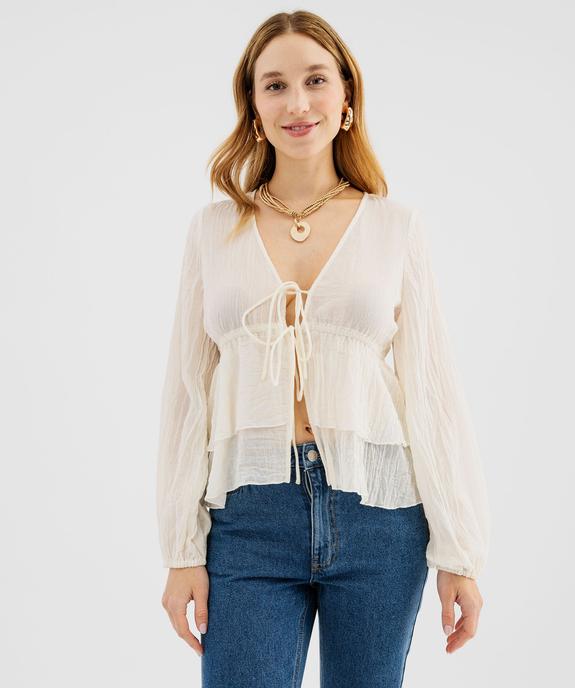 Blouse manches longues à volants et liens à nouer femme vue1 - GEMO(FEMME PAP) - GEMO