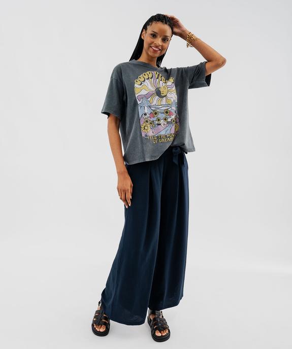 Pantalon large et fluide à taille élastiquée et liens à nouer femme vue4 - GEMO 4G FEMME - GEMO