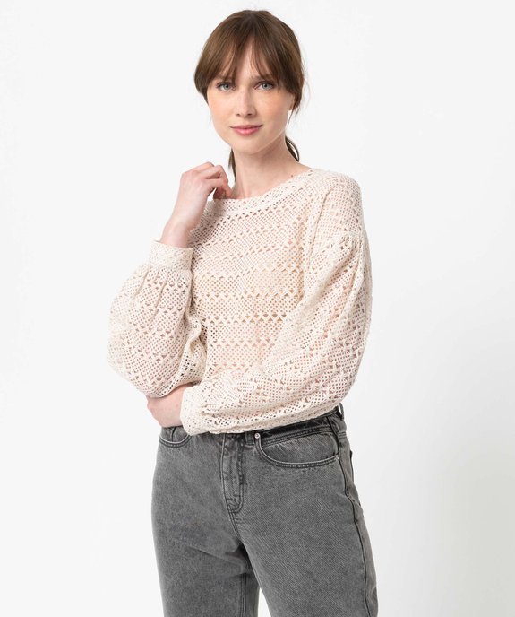 Tee-shirt femme à manches longues en maille ajourée  vue1 - GEMO(FEMME PAP) - GEMO