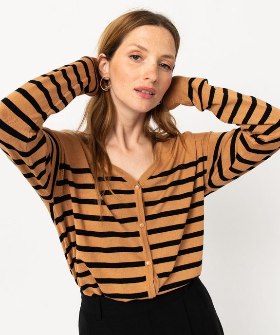Gilet rayé à col V en maille fine et boutons fantaisie femme vue2 - GEMO 4G FEMME - GEMO