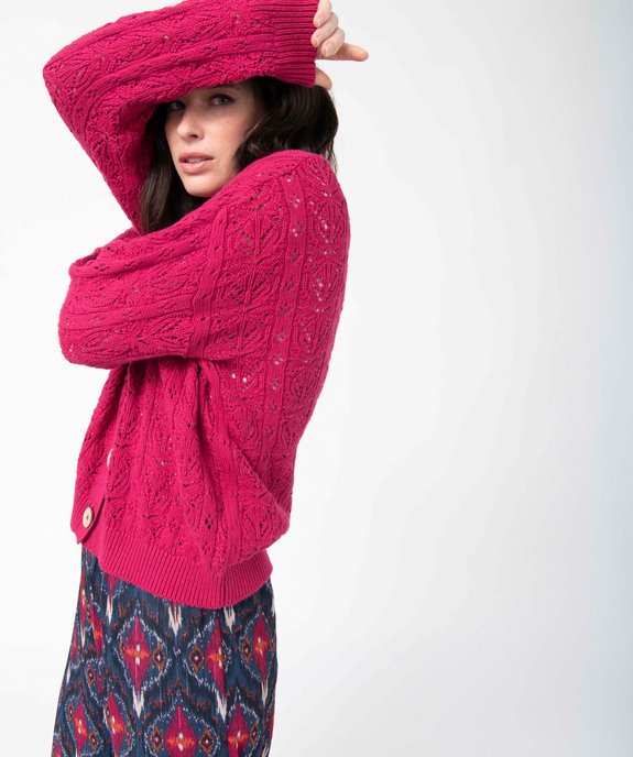 Gilet femme court en maille ajourée et gros boutons vue1 - GEMO(FEMME PAP) - GEMO