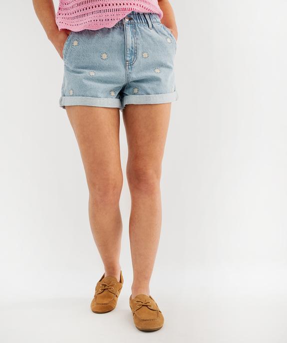 Short en jean taille haute avec motifs soleils brodés et revers cousus femme vue1 - GEMO 4G FEMME - GEMO