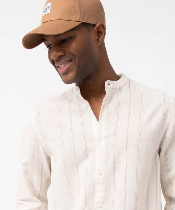 Chemise homme en lin mélangé rayé à manches longues et col mao  vue2 - GEMO 4G HOMME - GEMO