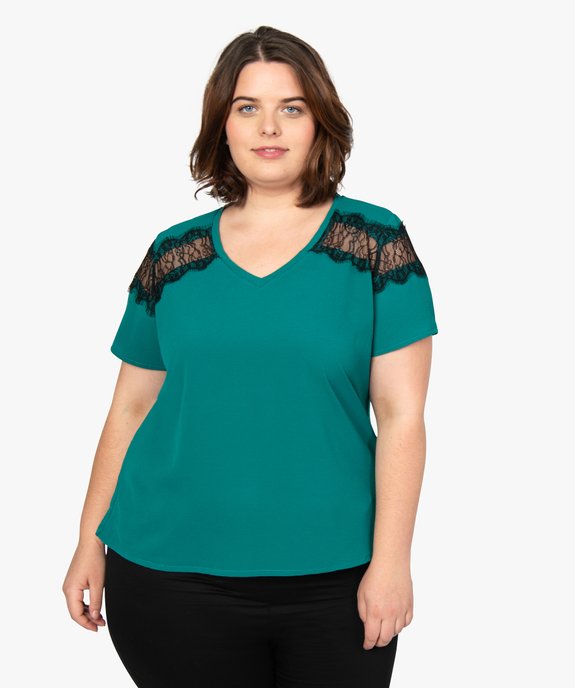 Tee-shirt femme bi-matières avec dentelle contrastante vue1 - GEMO (G TAILLE) - GEMO