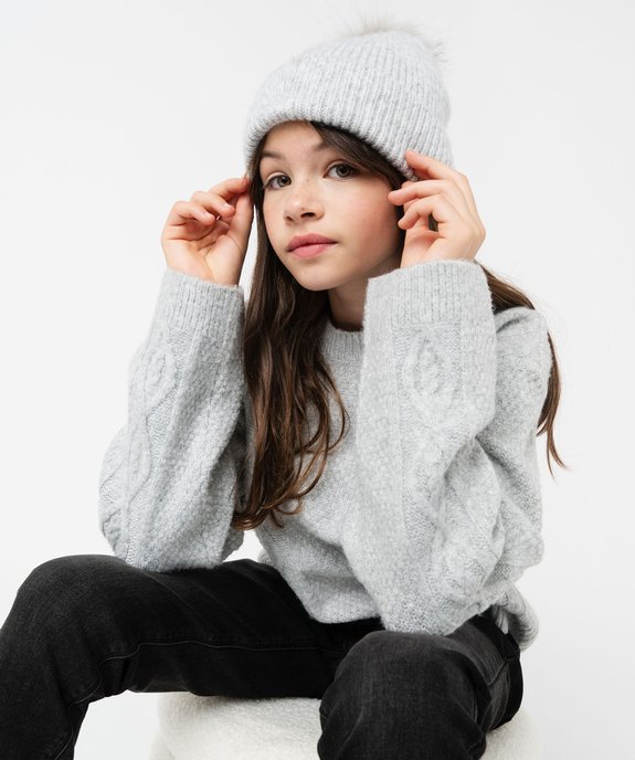 Bonnet en maille avec pompon poilu fille vue1 - GEMO (JUNIOR) - GEMO