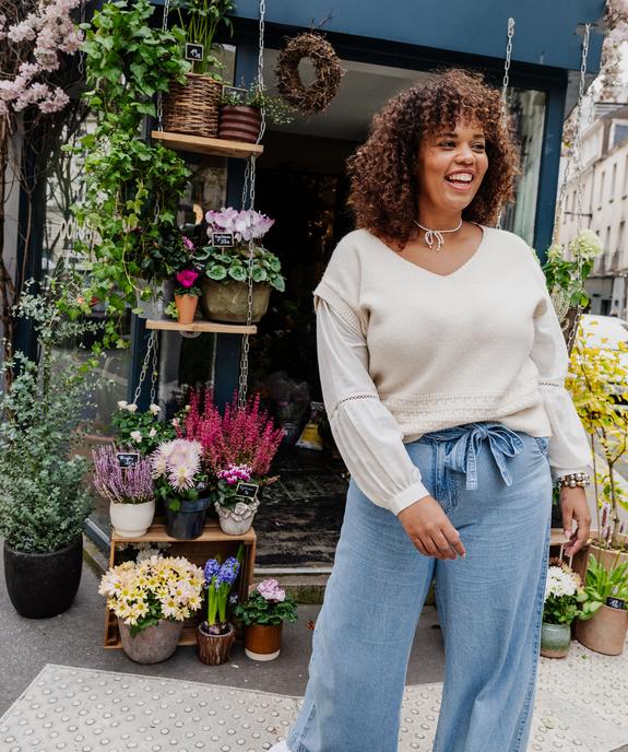 Jean wide leg en denim de coton fin avec ceinture à nouer femme grande taille vue5 - GEMO (G TAILLE) - GEMO