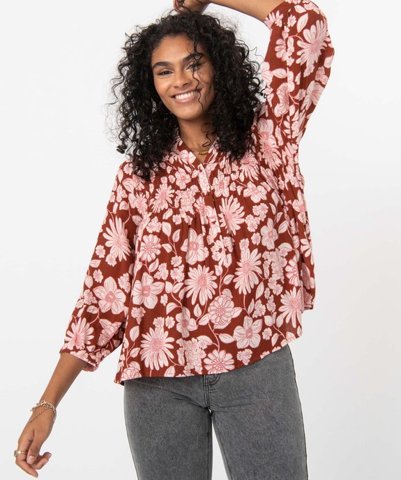 Blouse femme imprimée à manches ¾ avec haut smocké vue1 - GEMO(FEMME PAP) - GEMO
