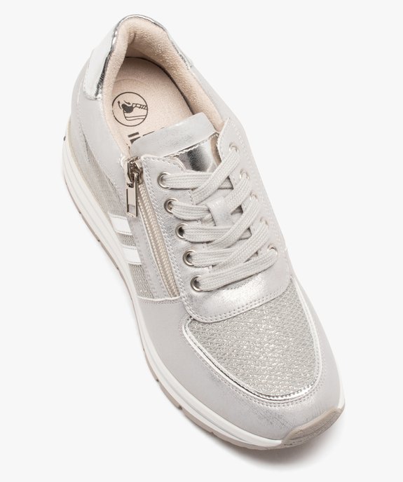 Baskets femme unies a paillettes avec talon compense argente GEMO
