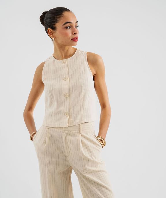 Chemise sans manches à col rond en viscose et lin rayé femme vue1 - GEMO 4G FEMME - GEMO