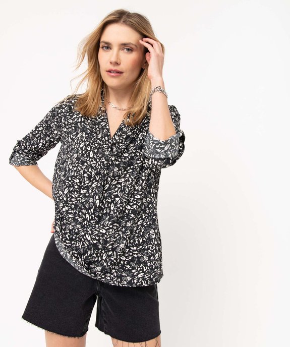 Tunique femme en crêpe fleuri à manches longues et col chemise vue1 - GEMO(FEMME PAP) - GEMO