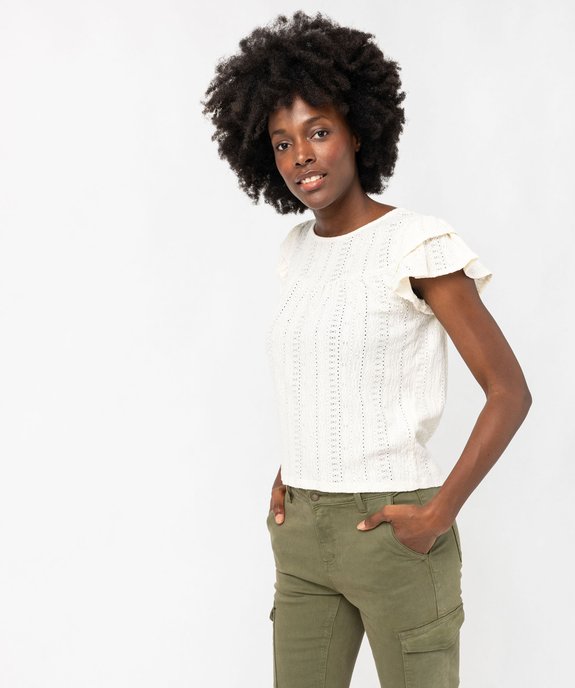 Tee-shirt manches courtes en maille ajourée avec volants femme vue1 - GEMO(FEMME PAP) - GEMO