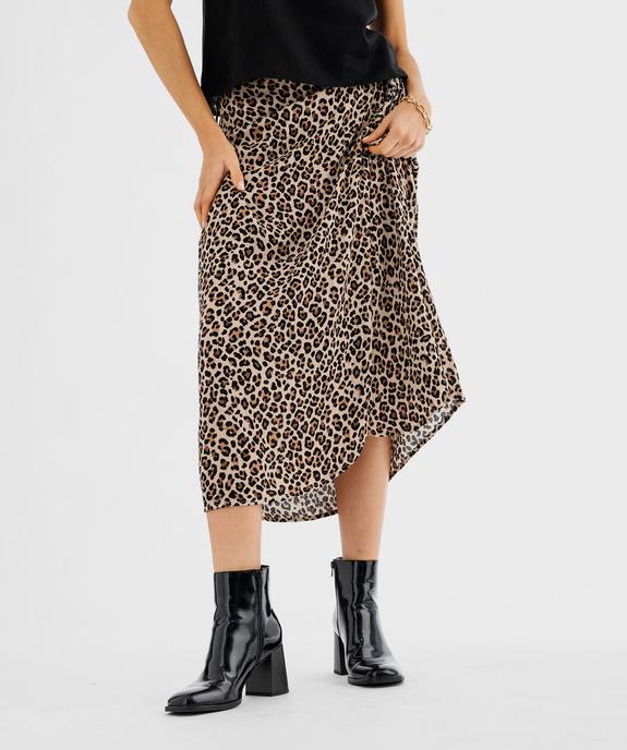 Jupe portefeuille longue en maille froissée imprimée léopard femme vue3 - GEMO 4G FEMME - GEMO
