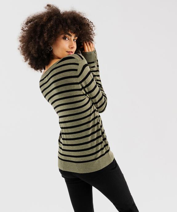 Pull rayé à col V avec boutons aux poignets femme vue3 - GEMO 4G FEMME - GEMO