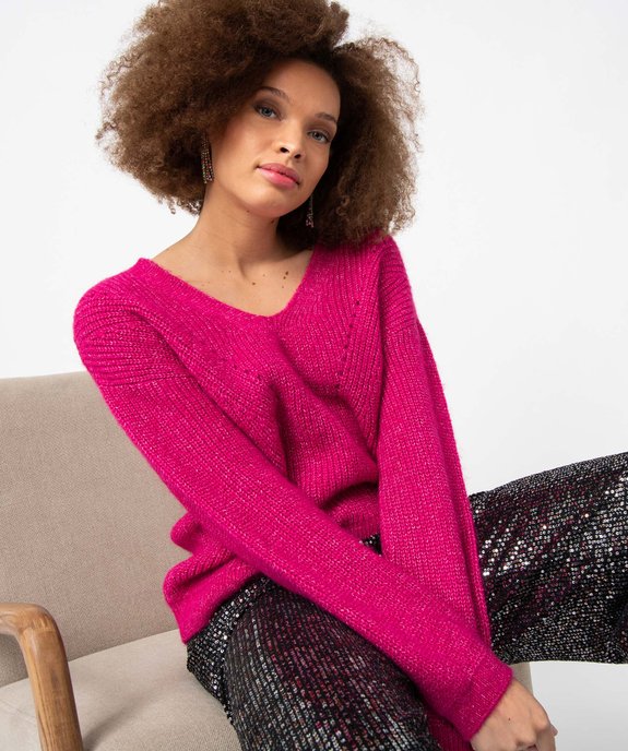 Pull femme en grosse maille à double col V vue1 - GEMO(FEMME PAP) - GEMO
