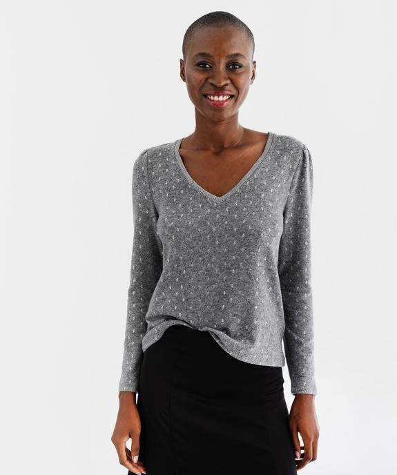 Tee-shirt manches longues avec col V à motifs scintillants femme vue1 - GEMO(FEMME PAP) - GEMO