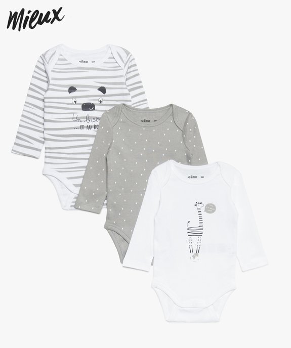 Body bébé à manches longues en coton bio et motif animaux (lot de 3) vue1 - GEMO 4G BEBE - GEMO