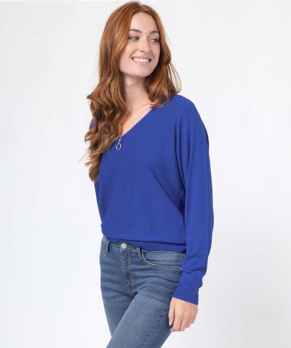 Pull col V zippé et manches chauve-souris femme vue1 - GEMO 4G FEMME - GEMO