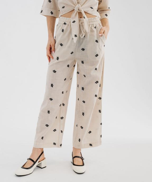 Pantalon large en coton brodée à taille élastiquée vue2 - GEMO(FEMME PAP) - GEMO