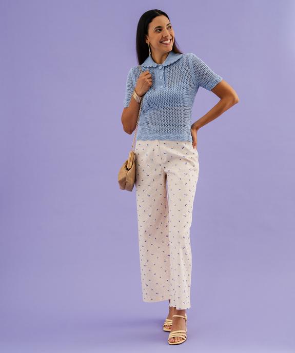 Pull manches courtes en maille ajourée à col Claudine boutonné femme vue4 - GEMO 4G FEMME - GEMO