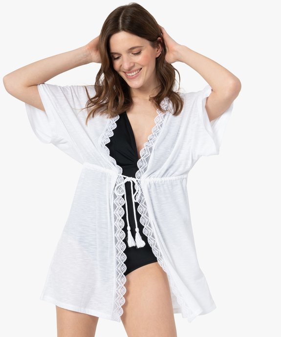 Kimono de plage femme avec liseré en dentelle vue1 - GEMO (PLAGE) - GEMO