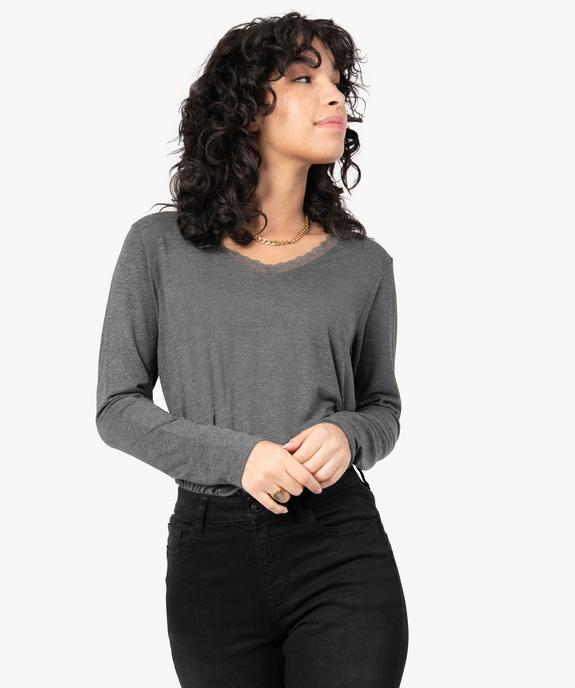 Tee-shirt femme à manches longues et col V en dentelle vue2 - GEMO 4G FEMME - GEMO