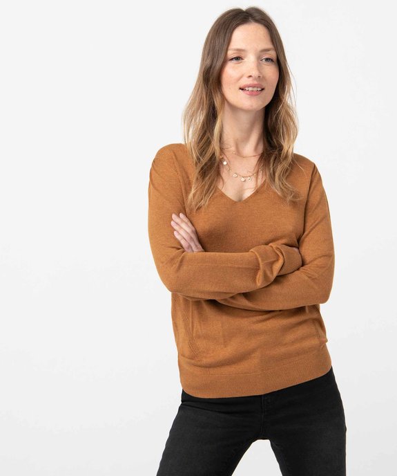 Pull femme en maille fine à col V vue2 - GEMO 4G FEMME - GEMO