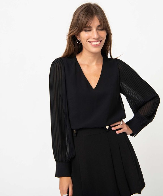 Blouse femme en voile à manches longues plissées vue1 - GEMO(FEMME PAP) - GEMO