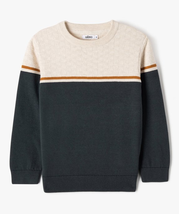 Pull bicolore avec maille fantaisie sur le haut garçon vue1 - GEMO (ENFANT) - GEMO