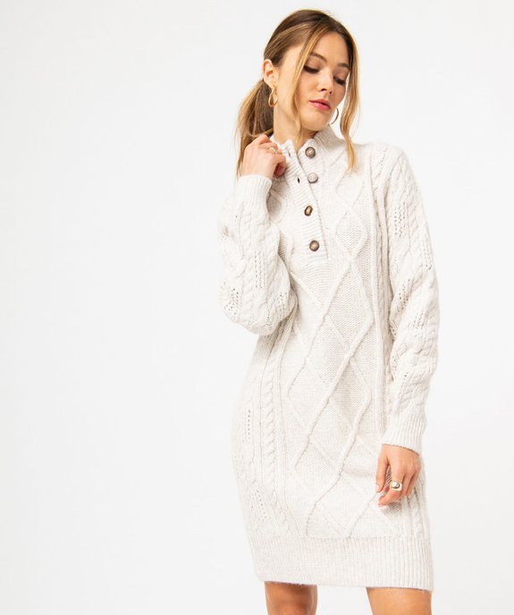 Robe pull en grosse maille à torsades et col boutonné femme - LuluCastagnette vue2 - LULUCASTAGNETTE - GEMO