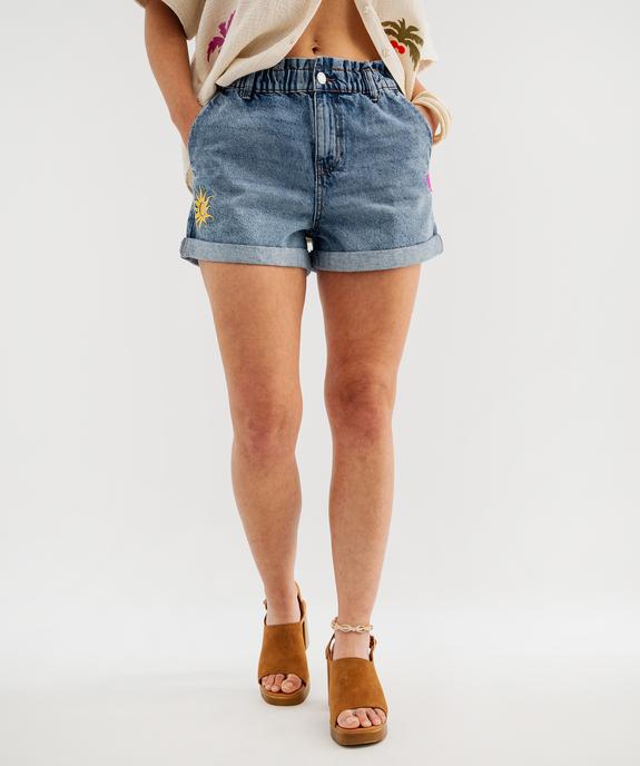 Short en jean brodé taille paper bag femme vue1 - GEMO 4G FEMME - GEMO