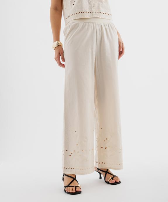 Pantalon large en coton avec bas de jambe brodés et ajourés femme vue1 - GEMO(FEMME PAP) - GEMO