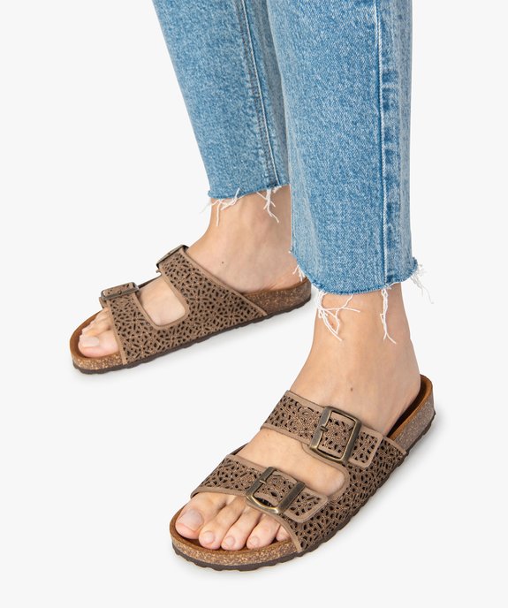 Sandales femme mules plates en cuir sur semelle liège vue1 - GEMO (CASUAL) - GEMO