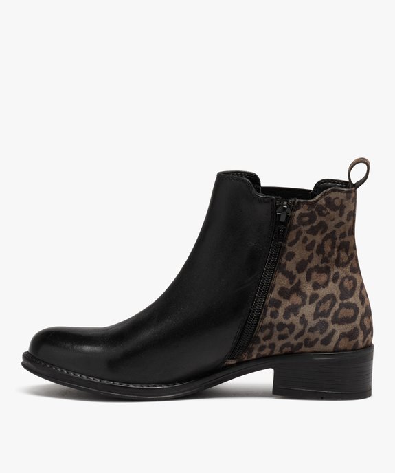 Bottines femme à talon dessus en cuir bicolore imprimé léopard  vue3 - GEMO (CASUAL) - GEMO