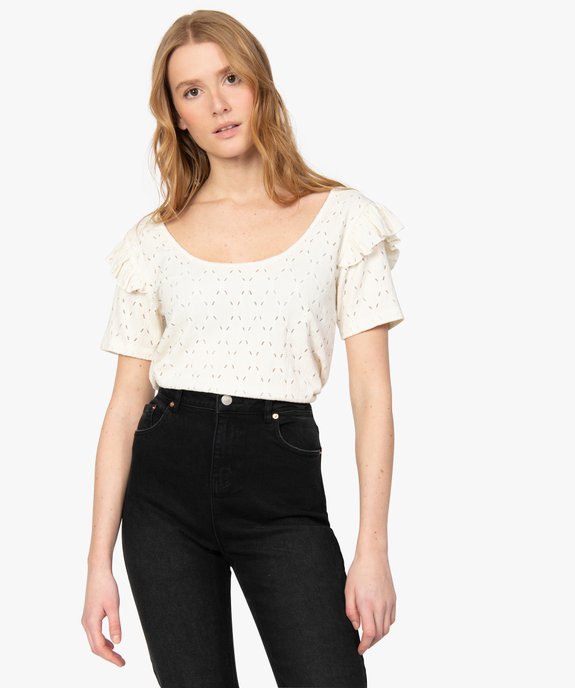 Tee-shirt femme en crêpe ajouré et volant vue1 - GEMO(FEMME PAP) - GEMO
