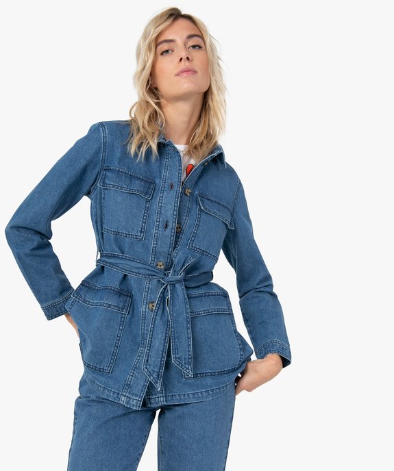 Veste en jean femme coupe saharienne vue1 - GEMO 4G FEMME - GEMO