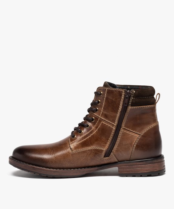 Boots homme en cuir grainé uni avec intérieur doublé  vue3 - GEMO (CASUAL) - GEMO