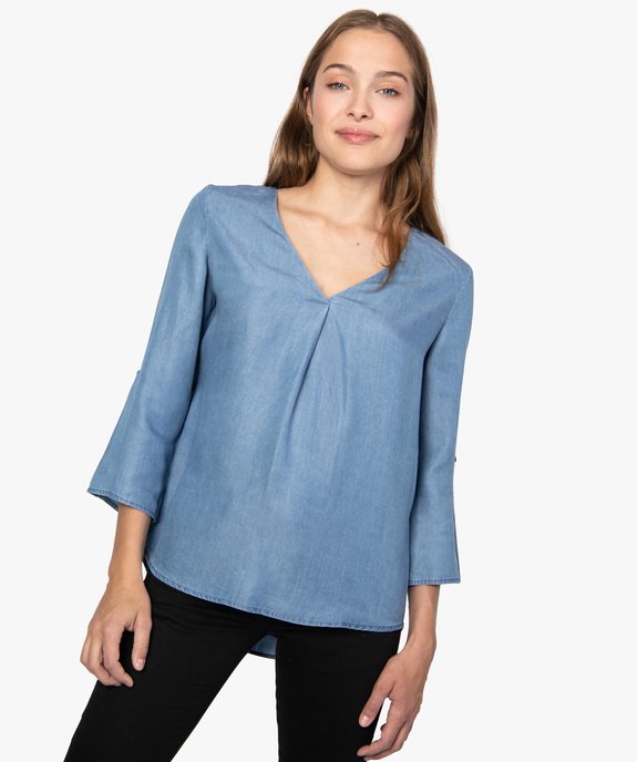 Blouse femme en chambray uni à manches retroussables vue1 - GEMO(FEMME PAP) - GEMO